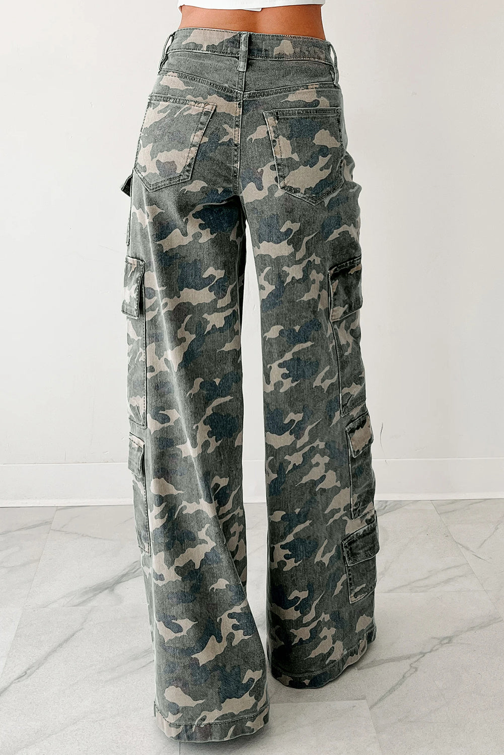 Green Camo Cargo Wide Leg Denim Pants