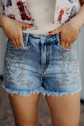 Dusk Blue Western Embroidery Denim Shorts Stud Detail Frayed Hem Women UK 4-16