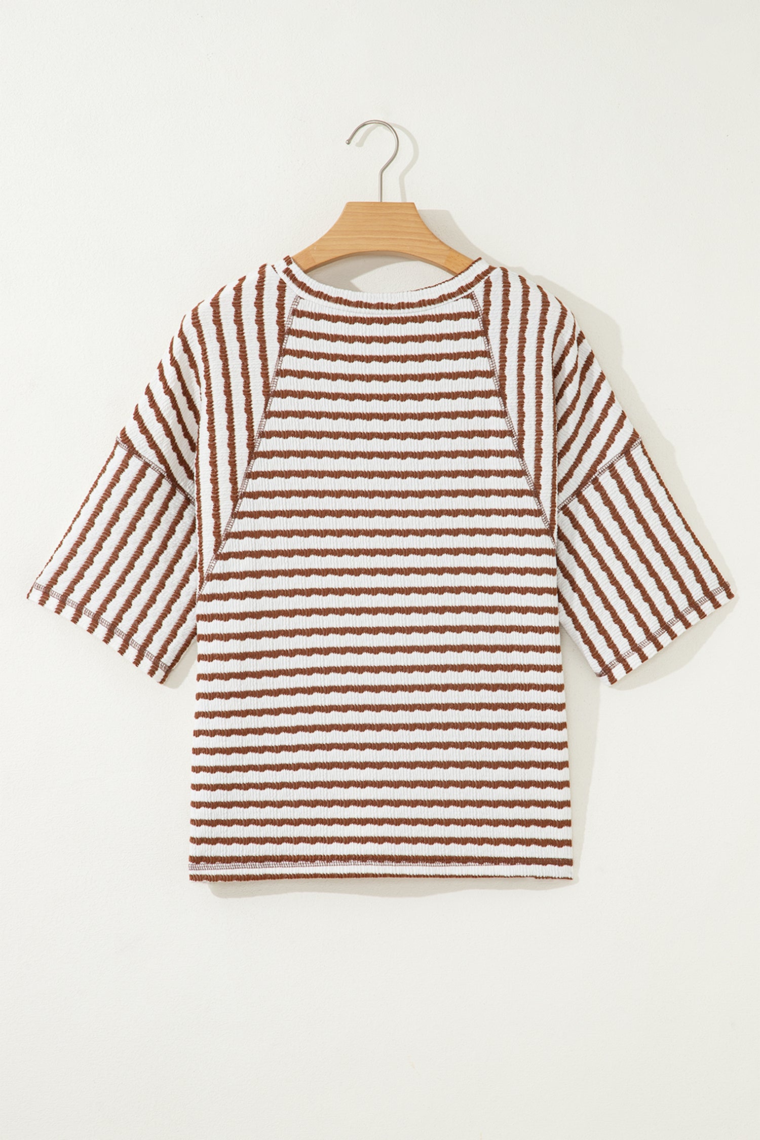 LivelyLooks Brown Stripe Textured Knit Split Hem Half Sleeve Loose Top women's fashion