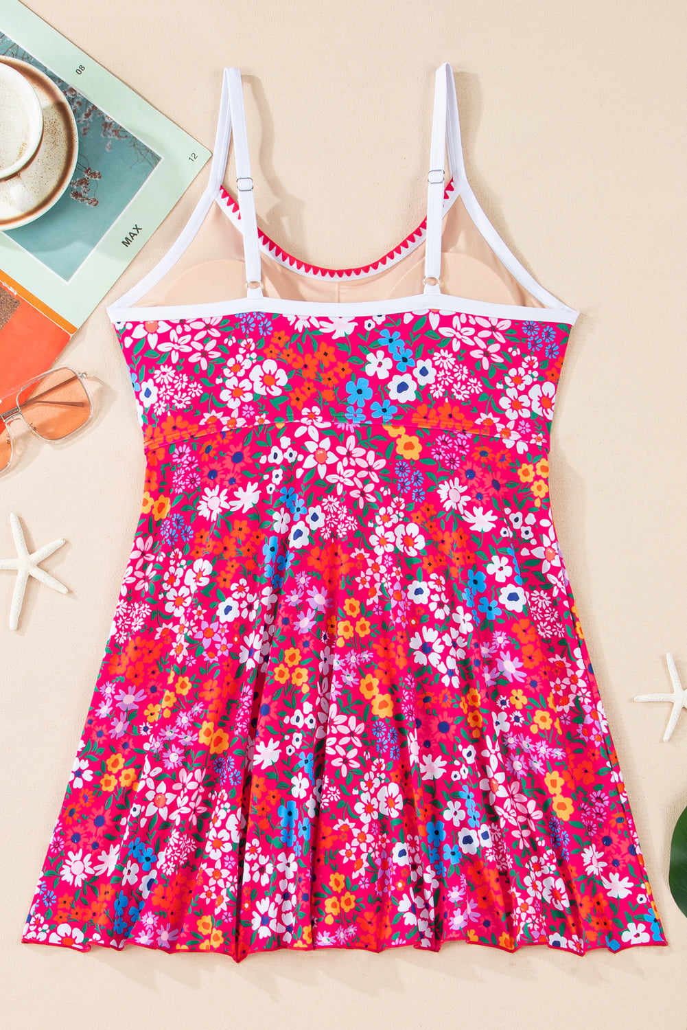 Women's Women Floral Print Ricrac Trim Spaghetti Strap One Piece Swim Dress S-2XL at LivelyLooks