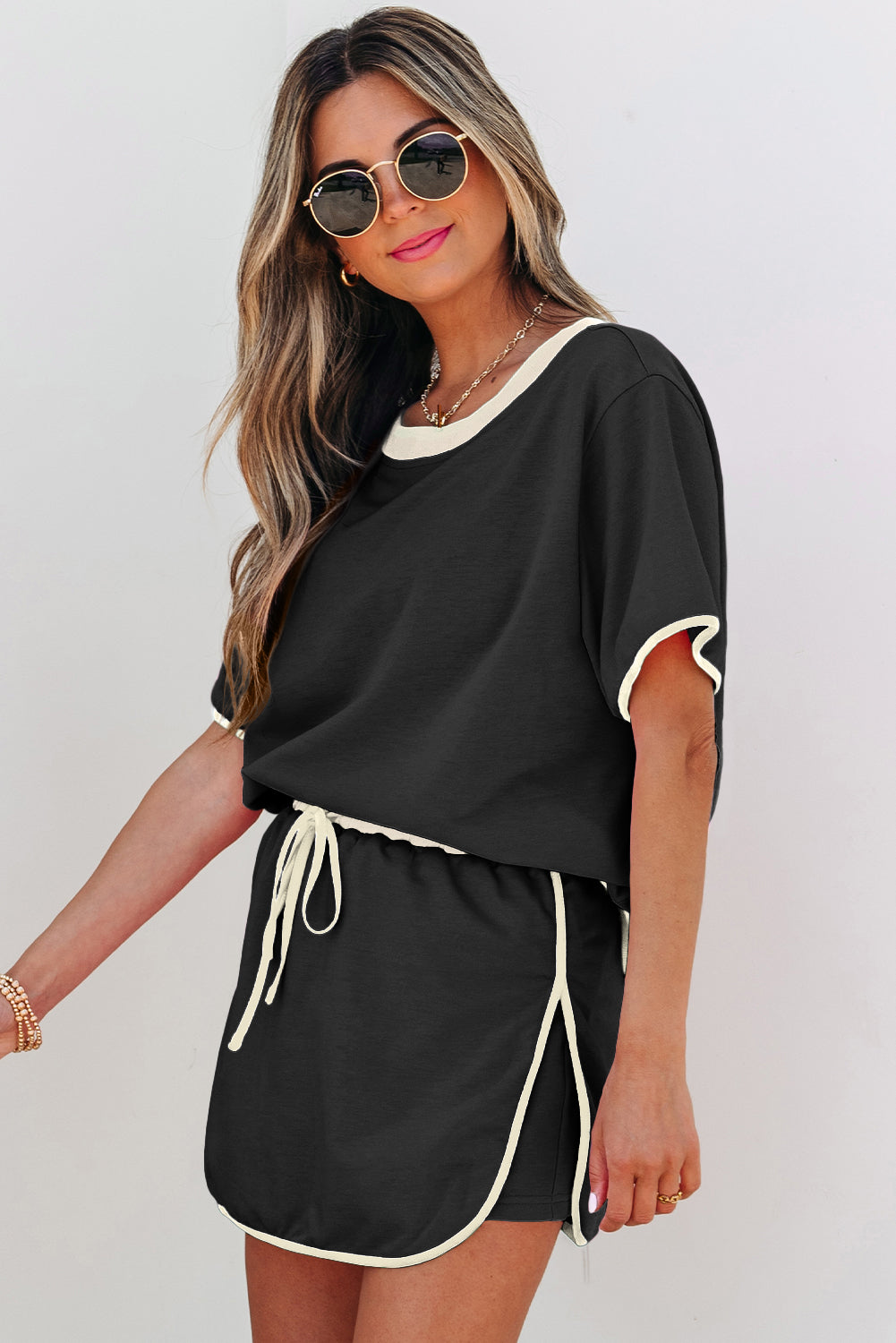 Colourblock Drop Shoulder T-Shirt & Skort 2-Piece Set Beige Black Green