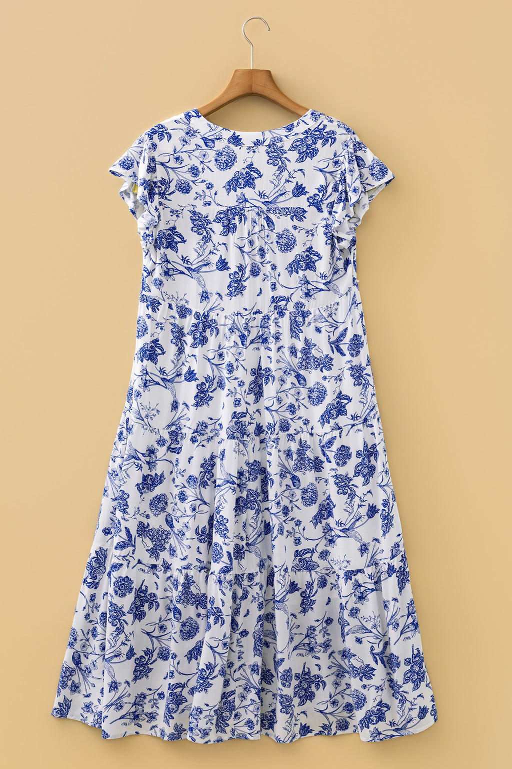 Women's Blue Ruffled Short Sleeve Tiered Floral Midi Dress at LivelyLooks