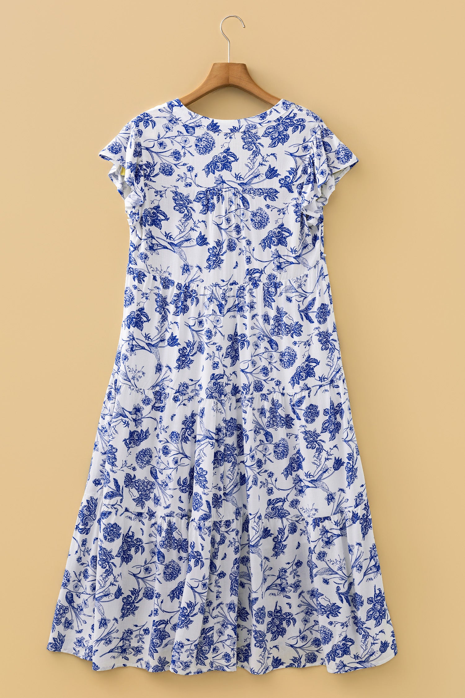 Women's Blue Ruffled Short Sleeve Tiered Floral Midi Dress at LivelyLooks