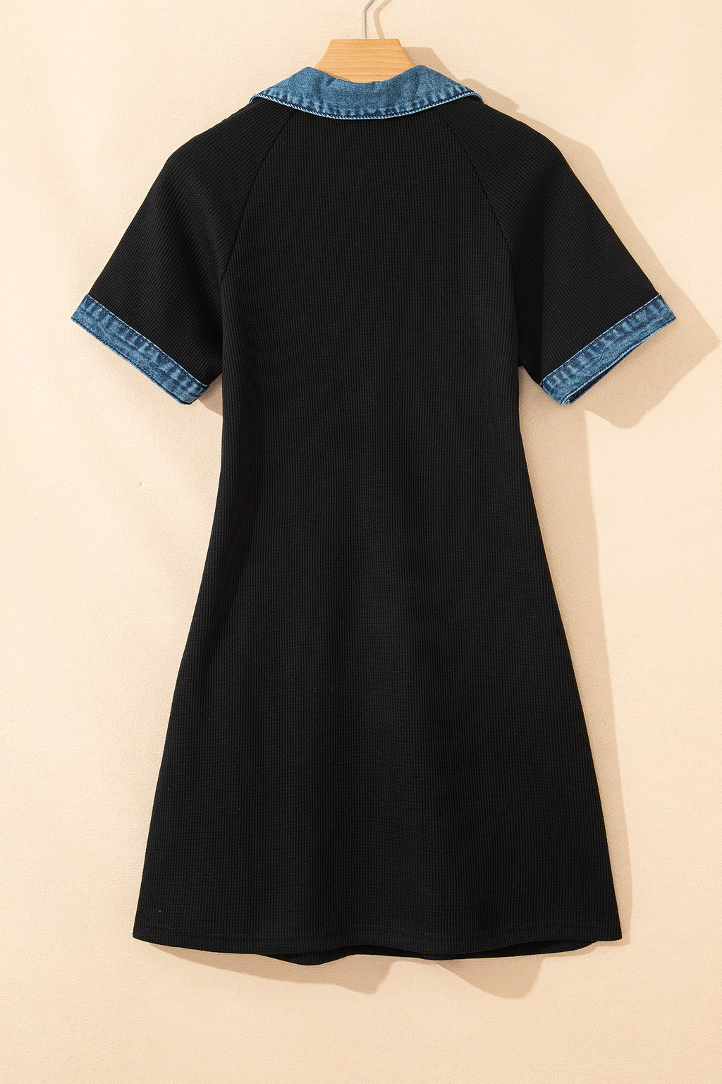 Black Waffle Knit Denim Contrast Trim Polo Button Tee Dress
