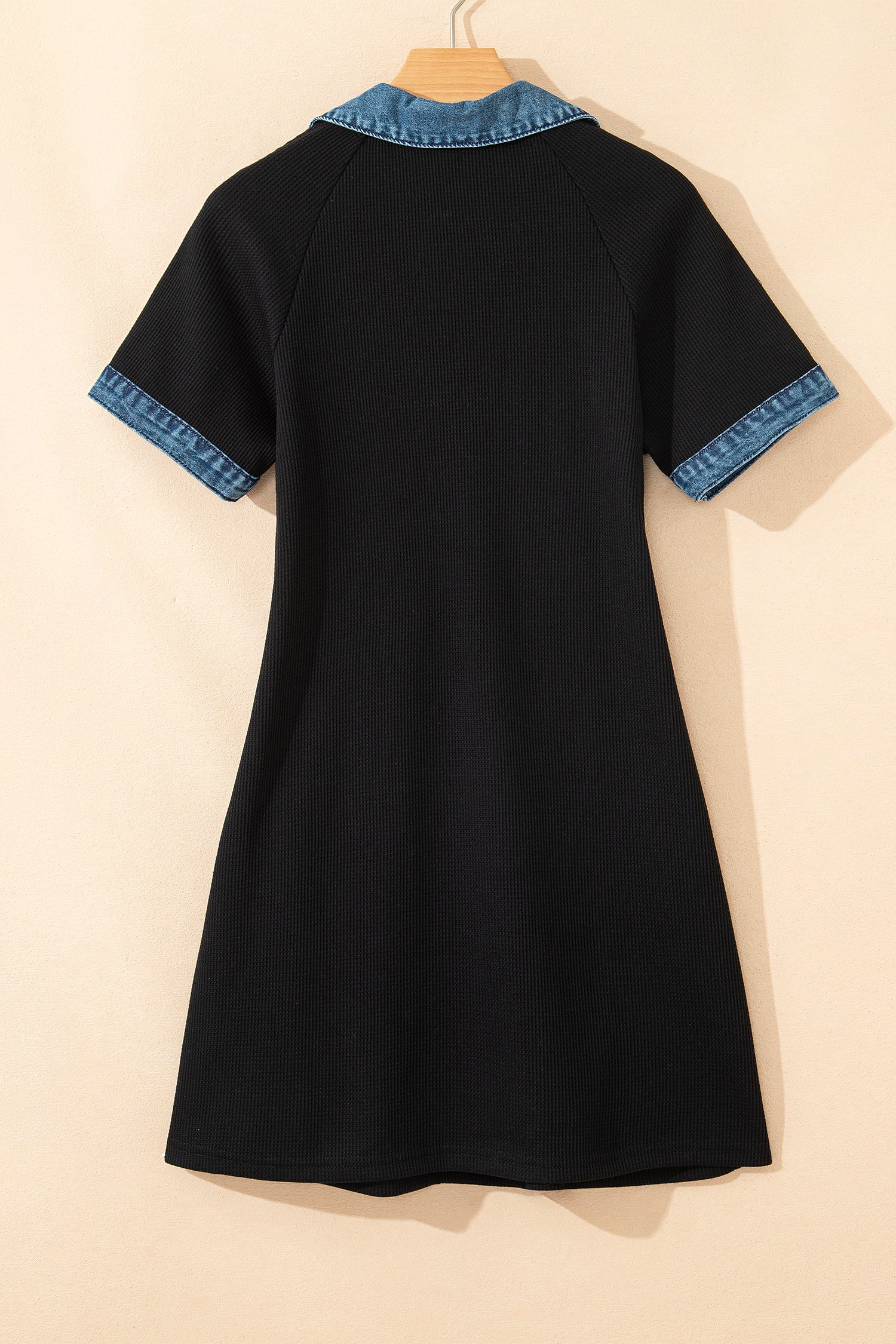 Black Waffle Knit Denim Contrast Trim Polo Button Tee Dress