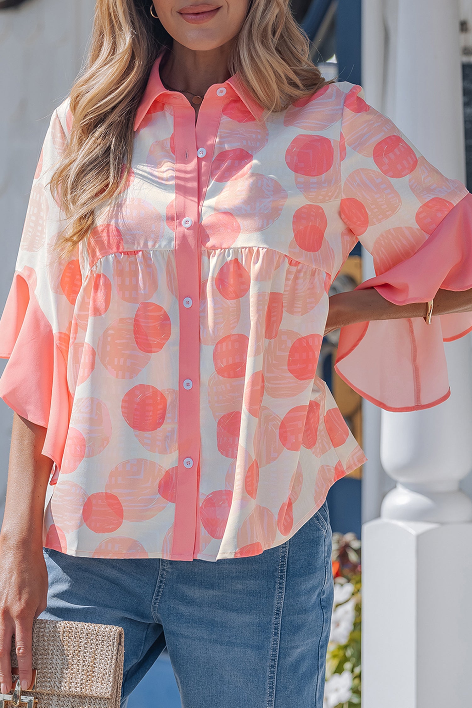 Shop Pink Polka Dot Babydoll Shirt Ruffle Trim Short Sleeve S-XL at LivelyLooks