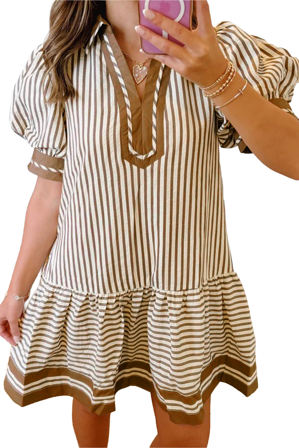 Brown Stripe Colour Block Ruffle Hem Shirt Collar Mini Dress S-XL