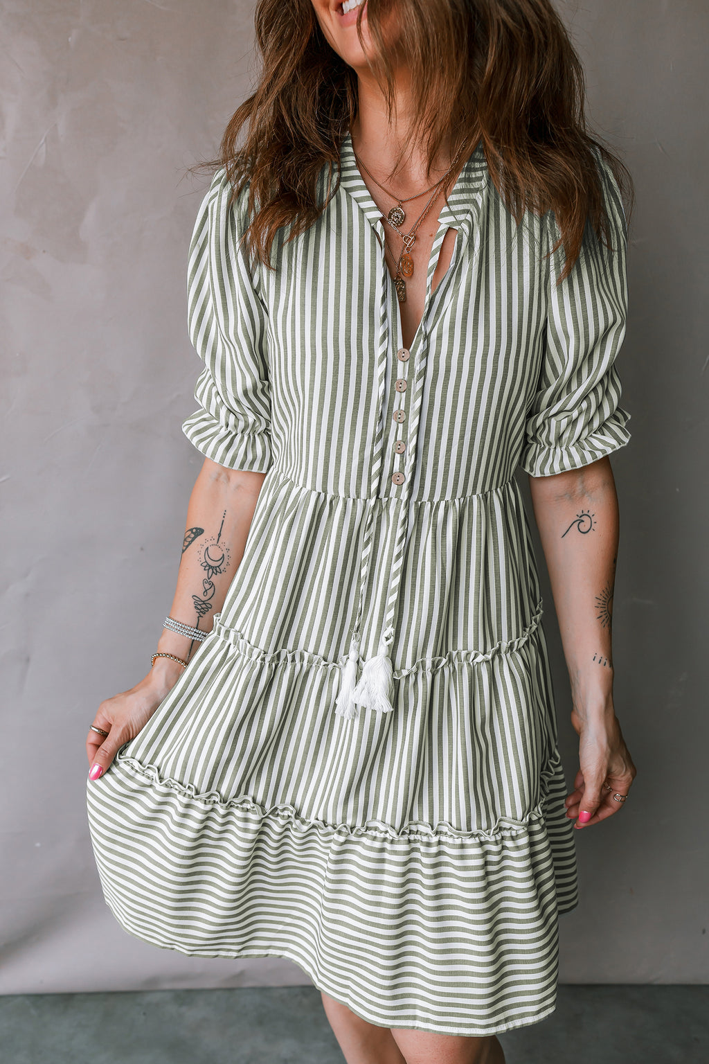 Green Stripe Tiered Dress Tasseled Tie Neck Ruffled Short Sleeve Women S-XL