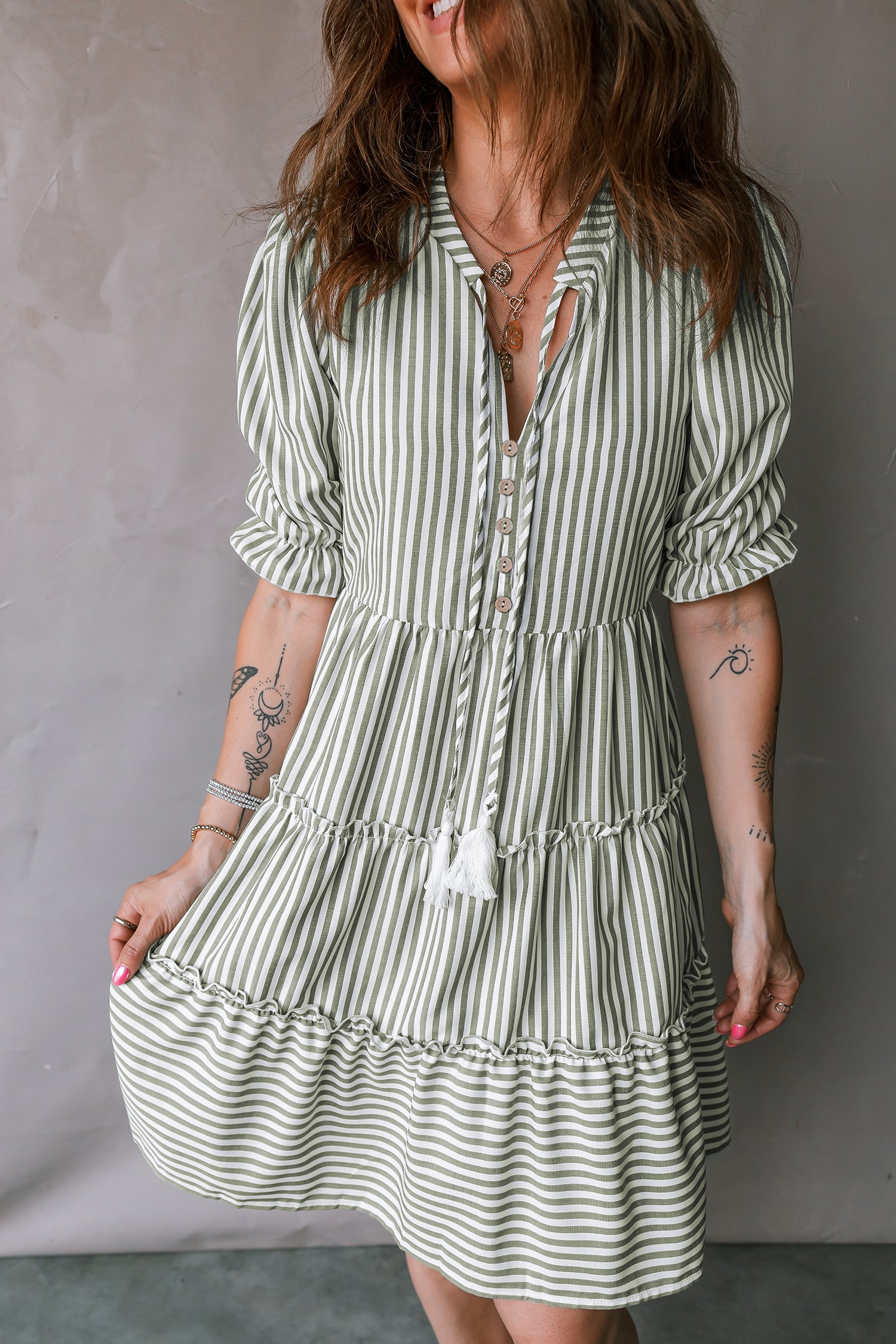 Green Stripe Tiered Dress Tasseled Tie Neck Ruffled Short Sleeve Women S-XL