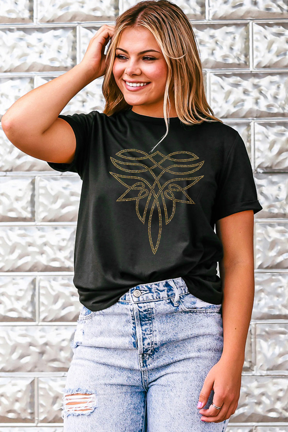 Shop Black Rhinestone Western Pattern Graphic T-Shirt S-3XL at LivelyLooks