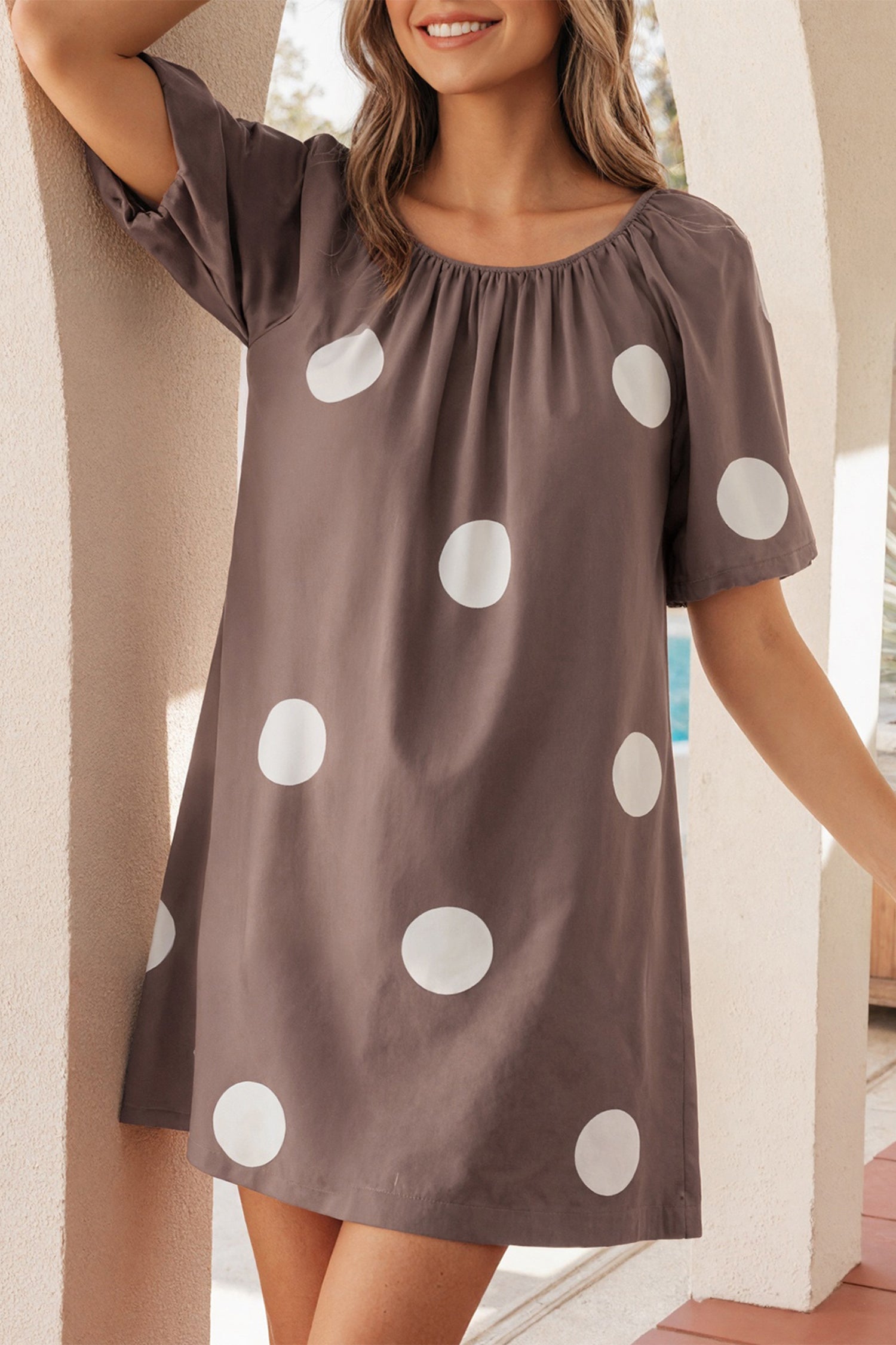 Brown Polka Dot Puff Sleeve Mini Dress Knot Back Loose Fit UK 8-22