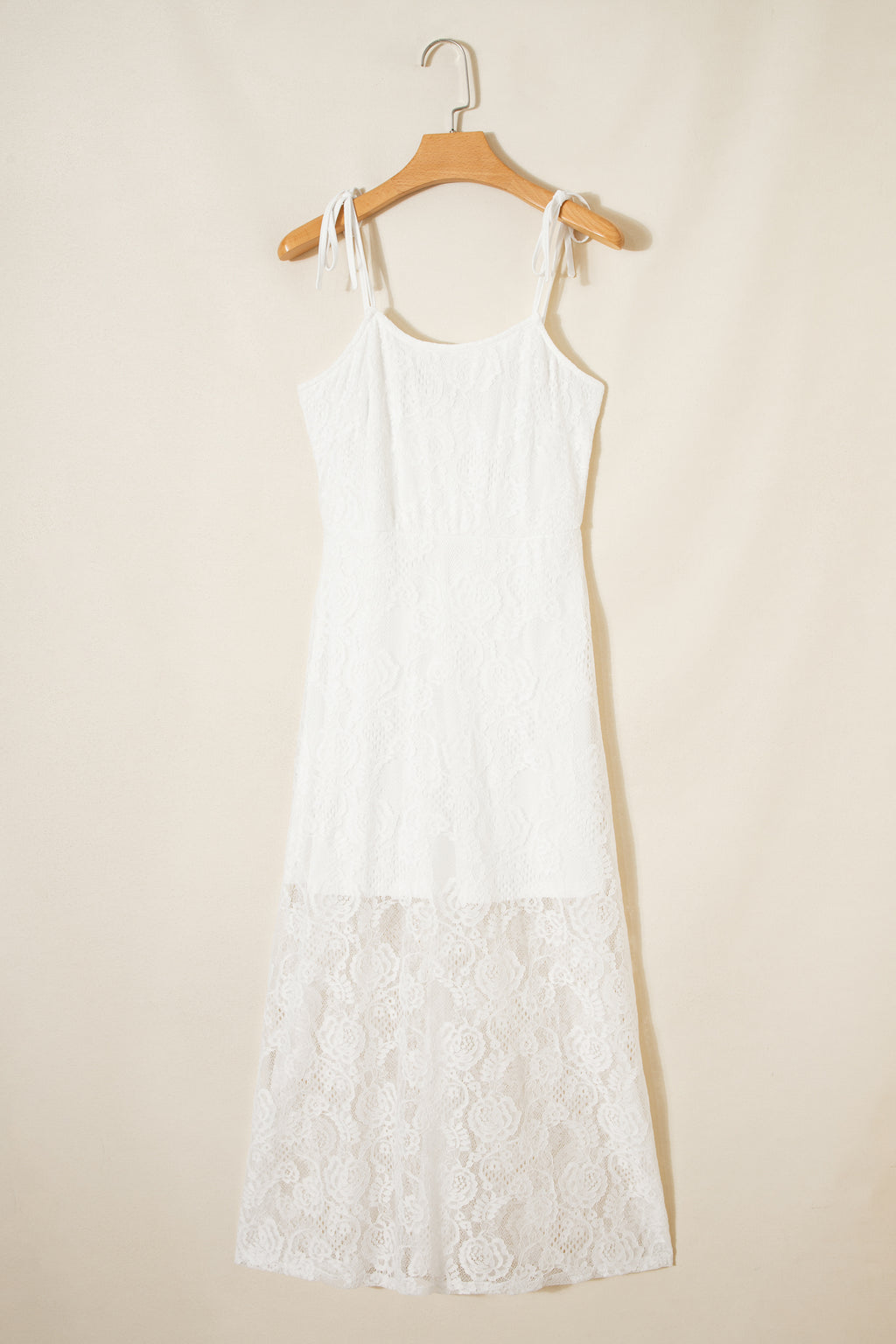 White Floral Lace Overlay Tie Spaghetti Strap Long Dress S-XL