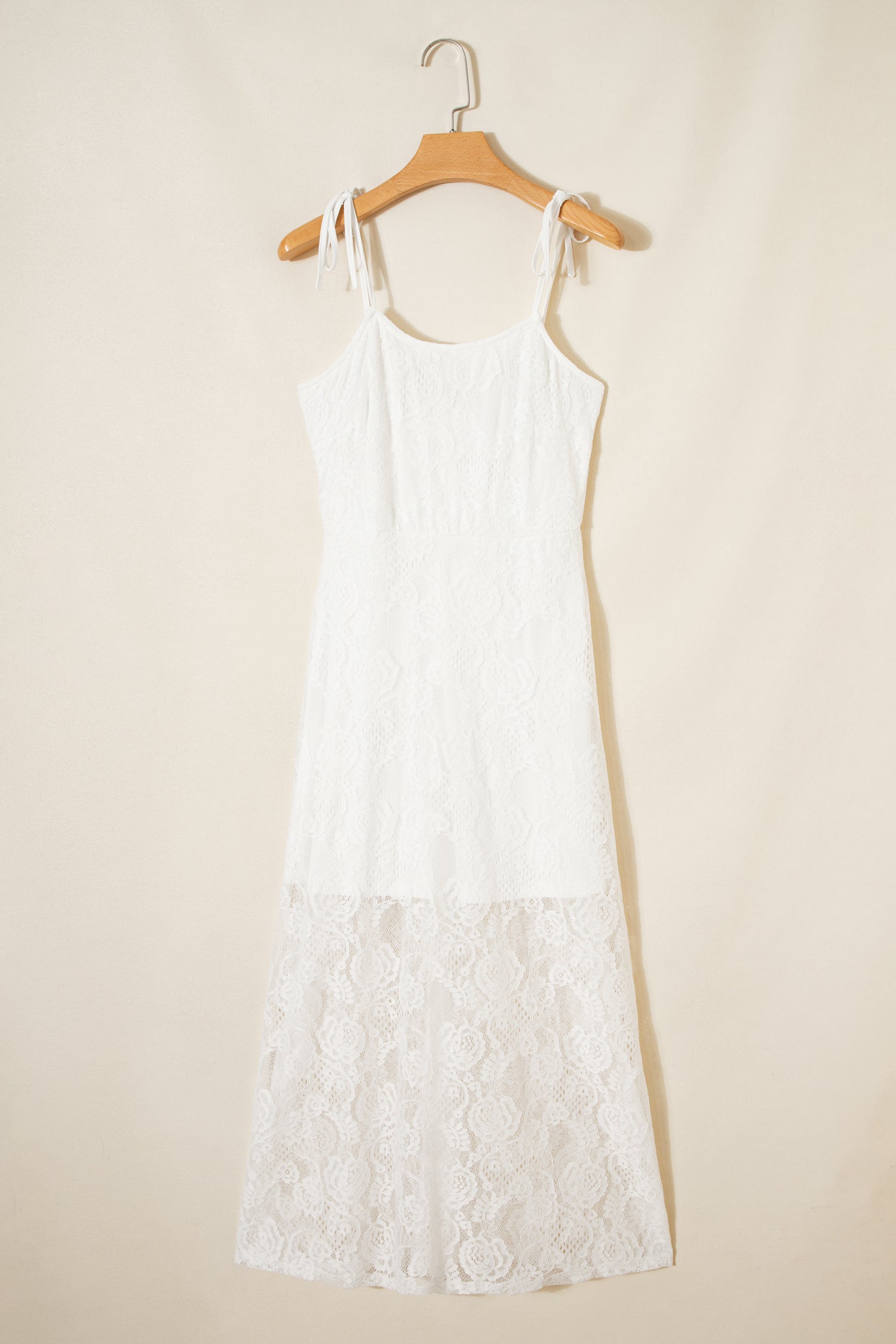 White Floral Lace Overlay Tie Spaghetti Strap Long Dress S-XL