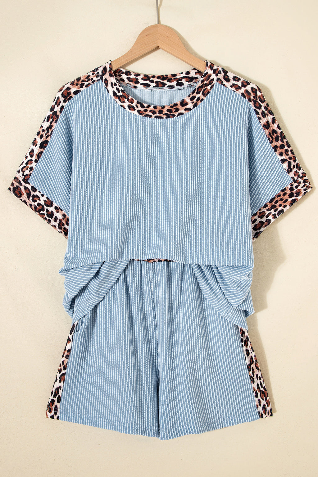 Ribbed Twist Short Set with Leopard Trim | Sky Blue, Light Grey & Sachet Pink