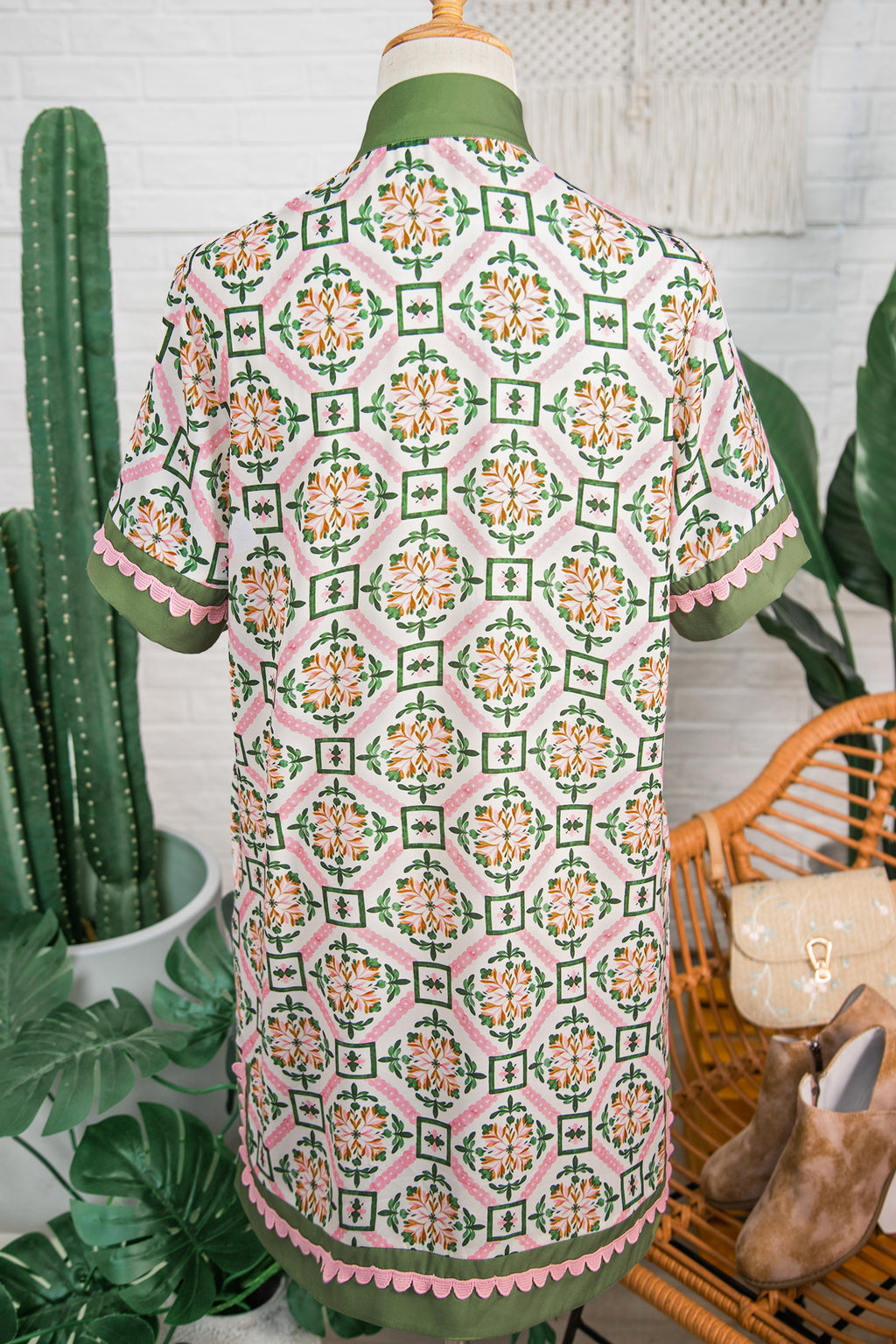 Multicolour Boho Geometric Flower Print Short Sleeve Loose Mini Dress S-XL