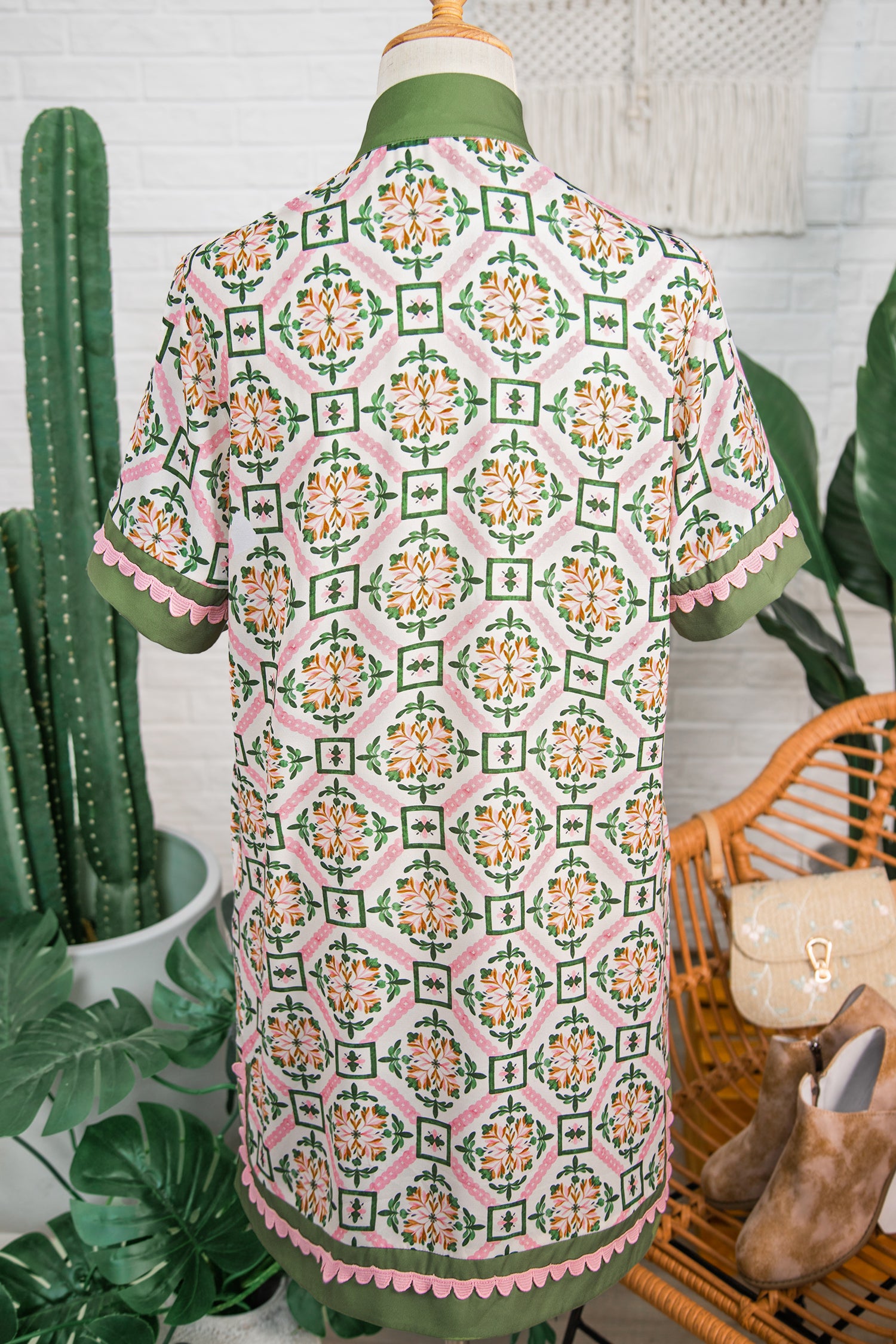 Multicolour Boho Geometric Flower Print Short Sleeve Loose Mini Dress S-XL