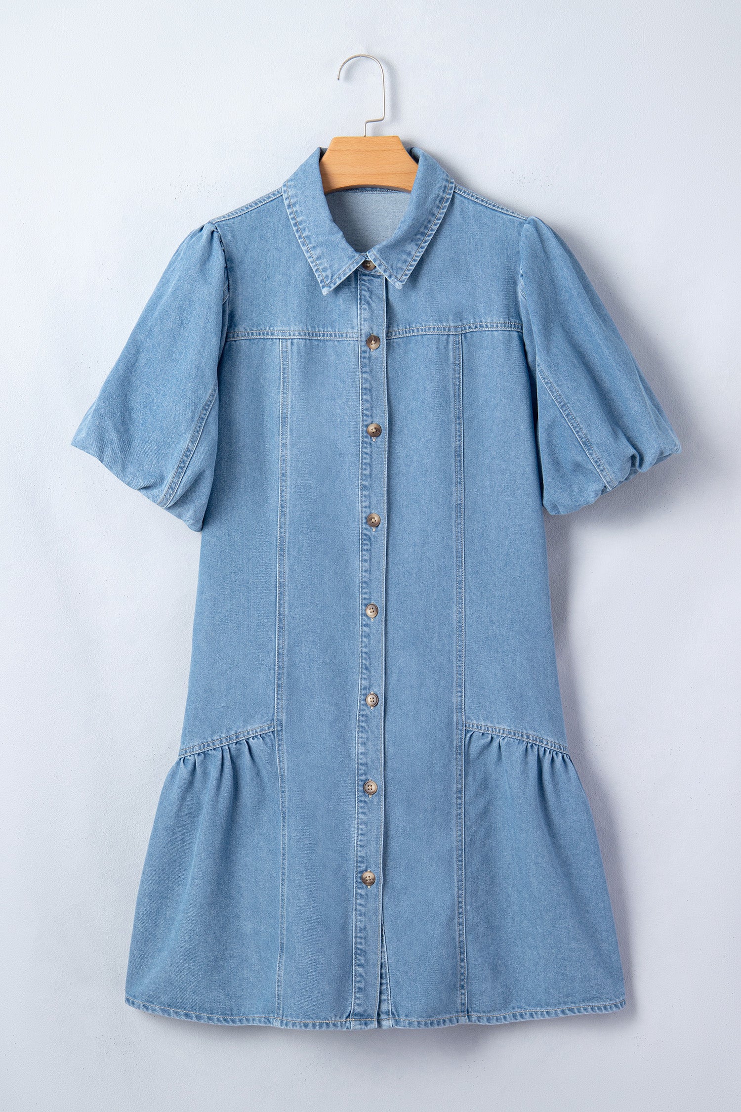 Shop Blue Patchwork Denim Mini Dress Button Down Puff Sleeve Ruffle Hem at LivelyLooks