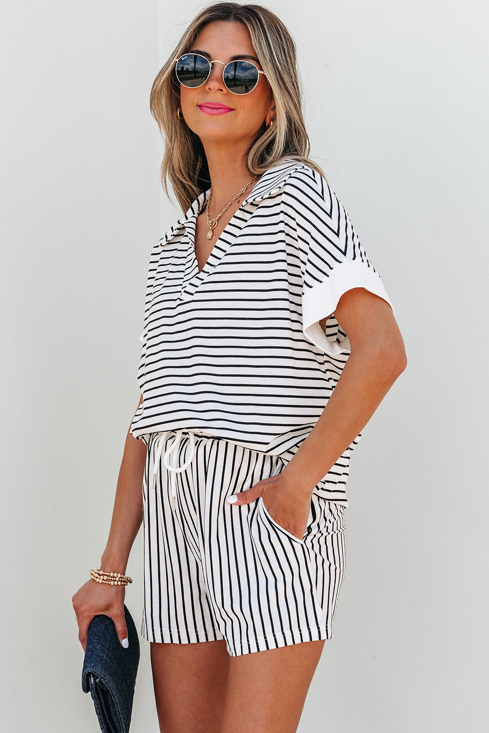 Black Stripe V-Neck Tee & Shorts Co-ord Set | 2-Piece