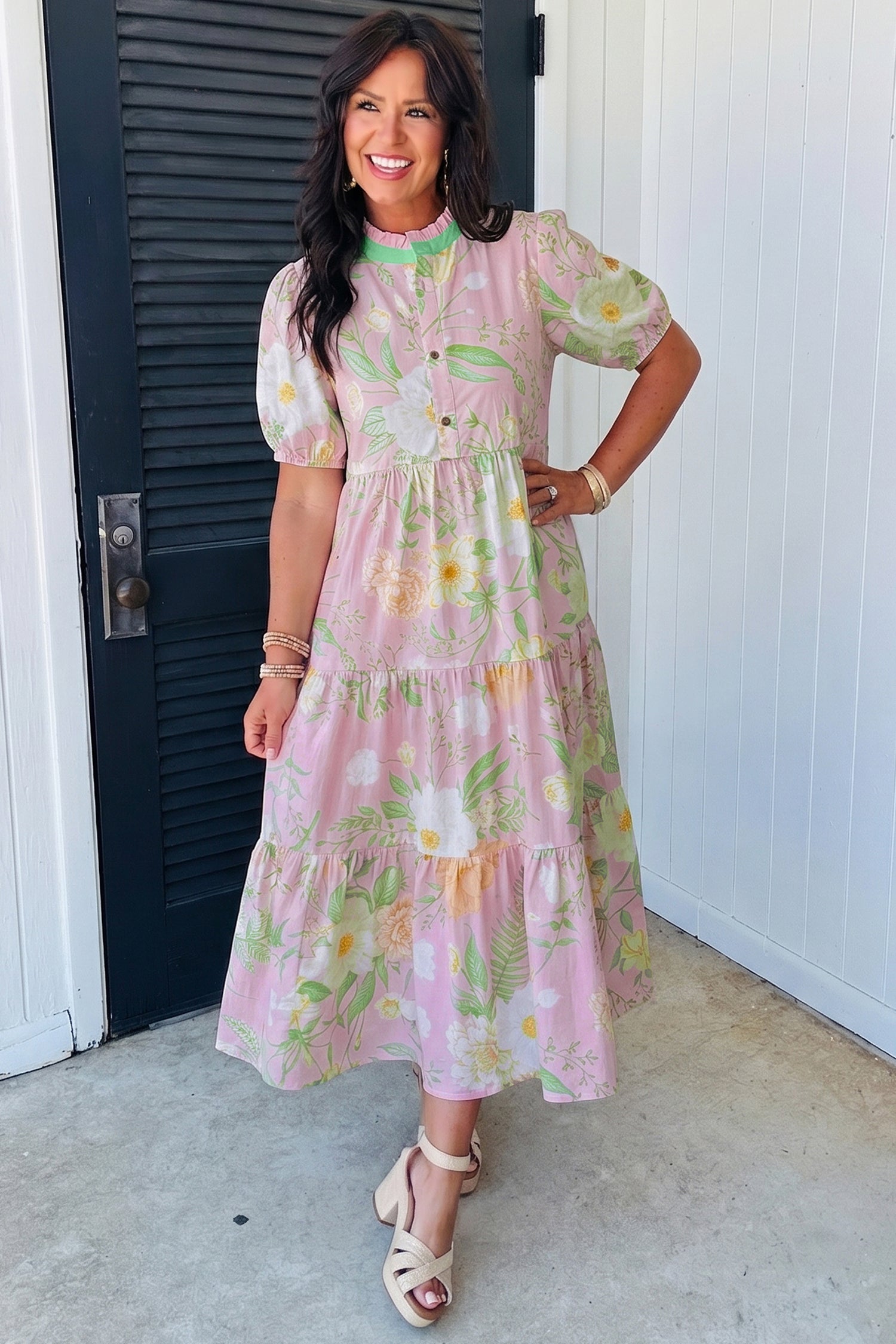 Pink Floral Tiered Maxi Dress High Waist Puff Sleeve Pockets Women S-XL