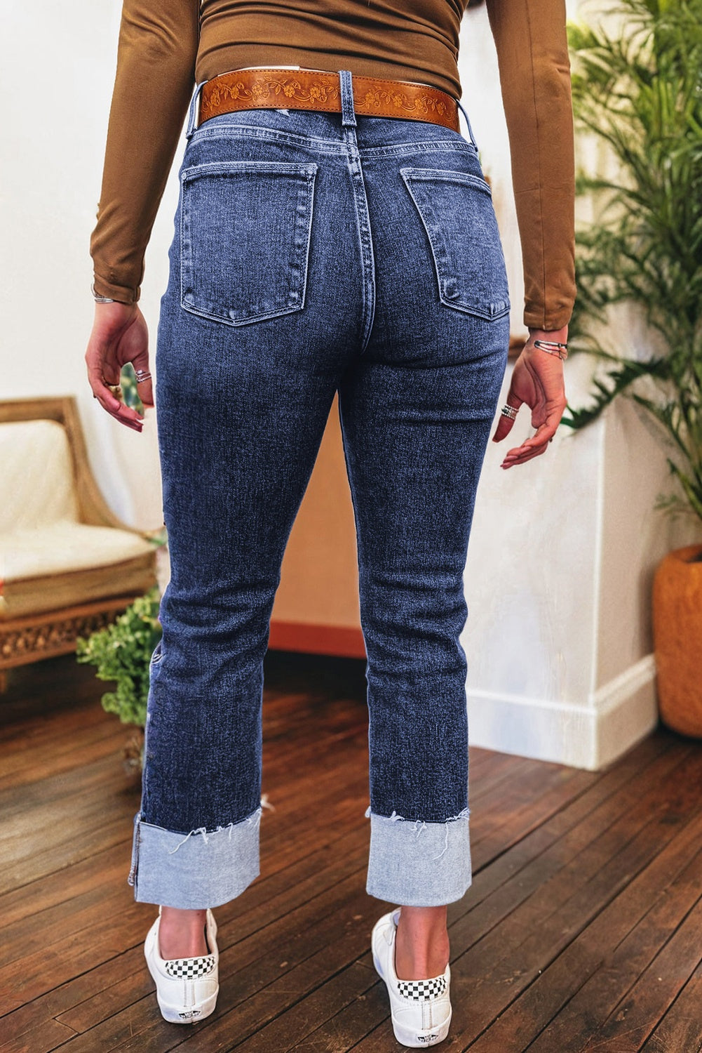 Women's Women's Distressed Straight Jeans Folded Cuffs High Waist Western Sizes 4-16 at LivelyLooks
