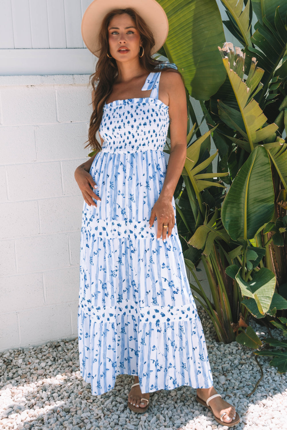 Women's Blue Floral Smocked Tied Straps A-Line Tiered Maxi Dress S-XL at LivelyLooks
