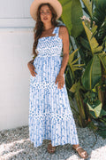 Women's Blue Floral Smocked Tied Straps A-Line Tiered Maxi Dress S-XL at LivelyLooks