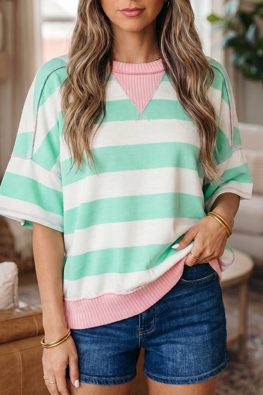 Stripe Colourblock Ribbed Patchwork Exposed Seam Oversized Tee | Pink & Green