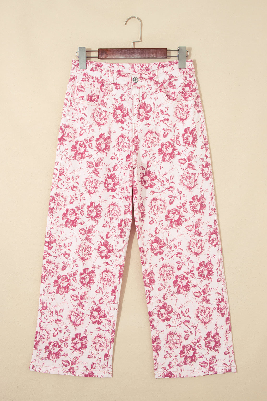 Pink Vintage Floral Print Wide Leg Denim Jeans | Sizes 4–16
