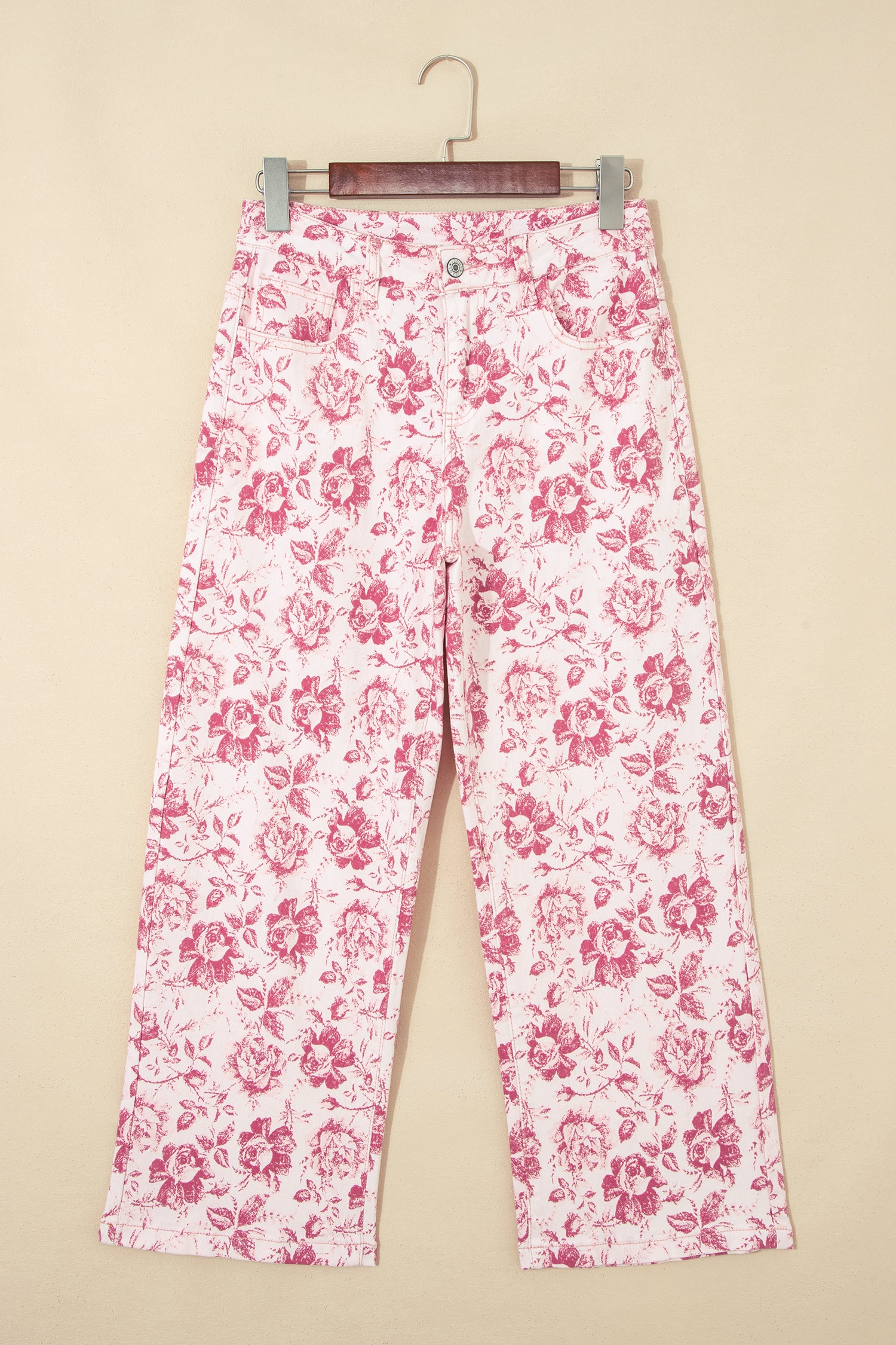 Pink Vintage Floral Print Wide Leg Denim Jeans | Sizes 4–16