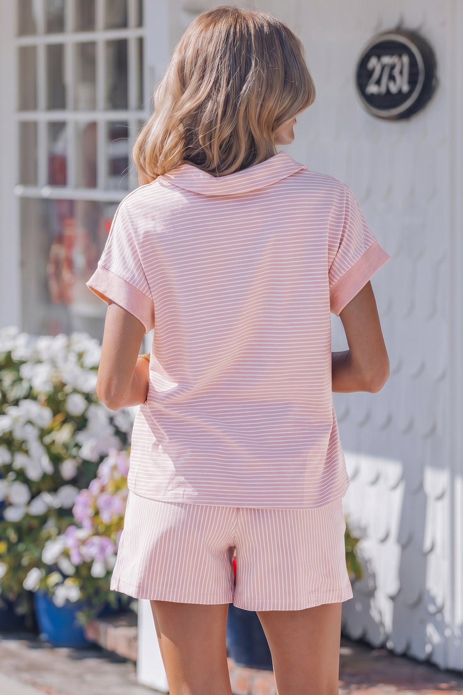 Shop Stripe Dolman Sleeve Polo Shirt and Drawstring Shorts Set Two Piece Co-ord at LivelyLooks