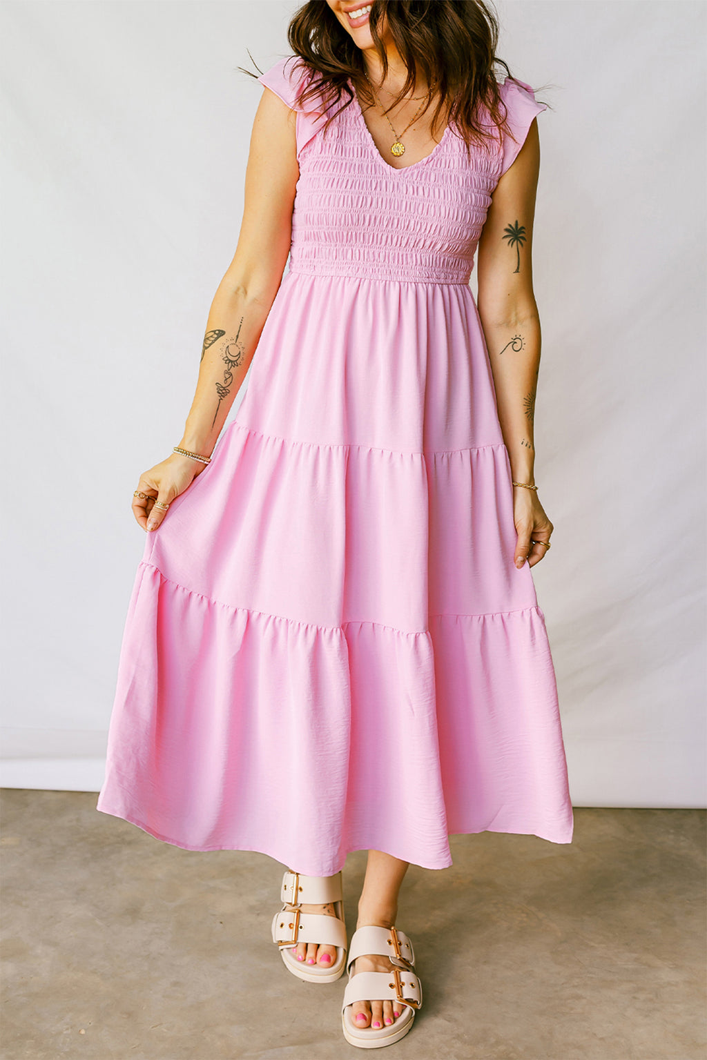 Women's Pink Smocked Bodice Flutter Sleeve Fit & Flare Tiered Midi Dress at LivelyLooks
