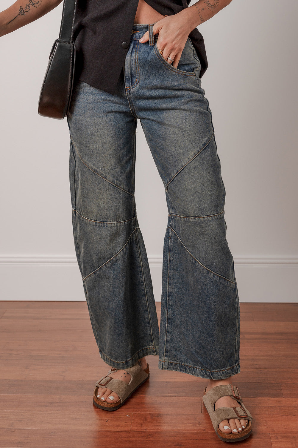 Shop Sail Blue Exposed Stitching Loose Straight High Waist Barrel Jeans at LivelyLooks
