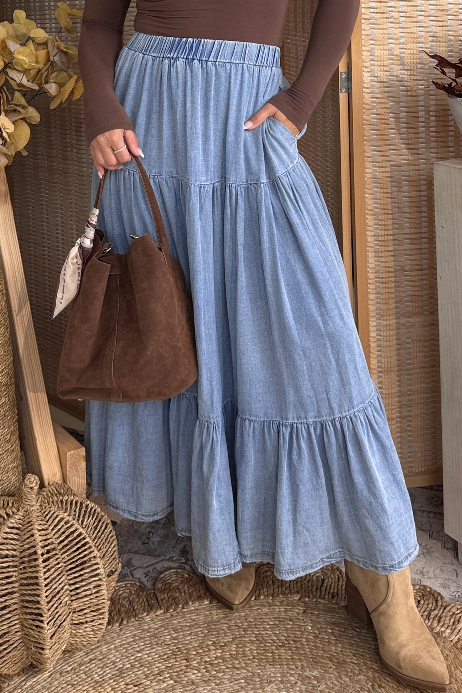 Shop Women's Flared Denim Maxi Skirt Tiered Ruffled Elastic Waist Blue S-XL at LivelyLooks