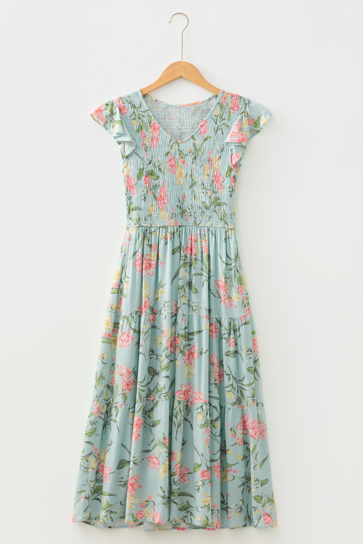 Women's Smocked Bodice Ruffled Sleeveless Tiered Floral Maxi Dress at LivelyLooks