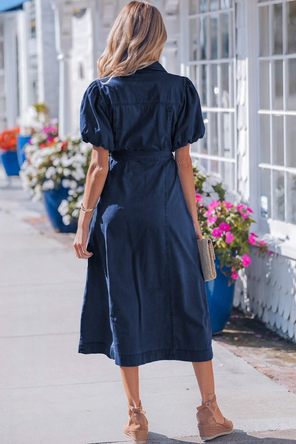 Women's Blue Button-Down Collared Bubble Sleeve Long Denim Dress at LivelyLooks