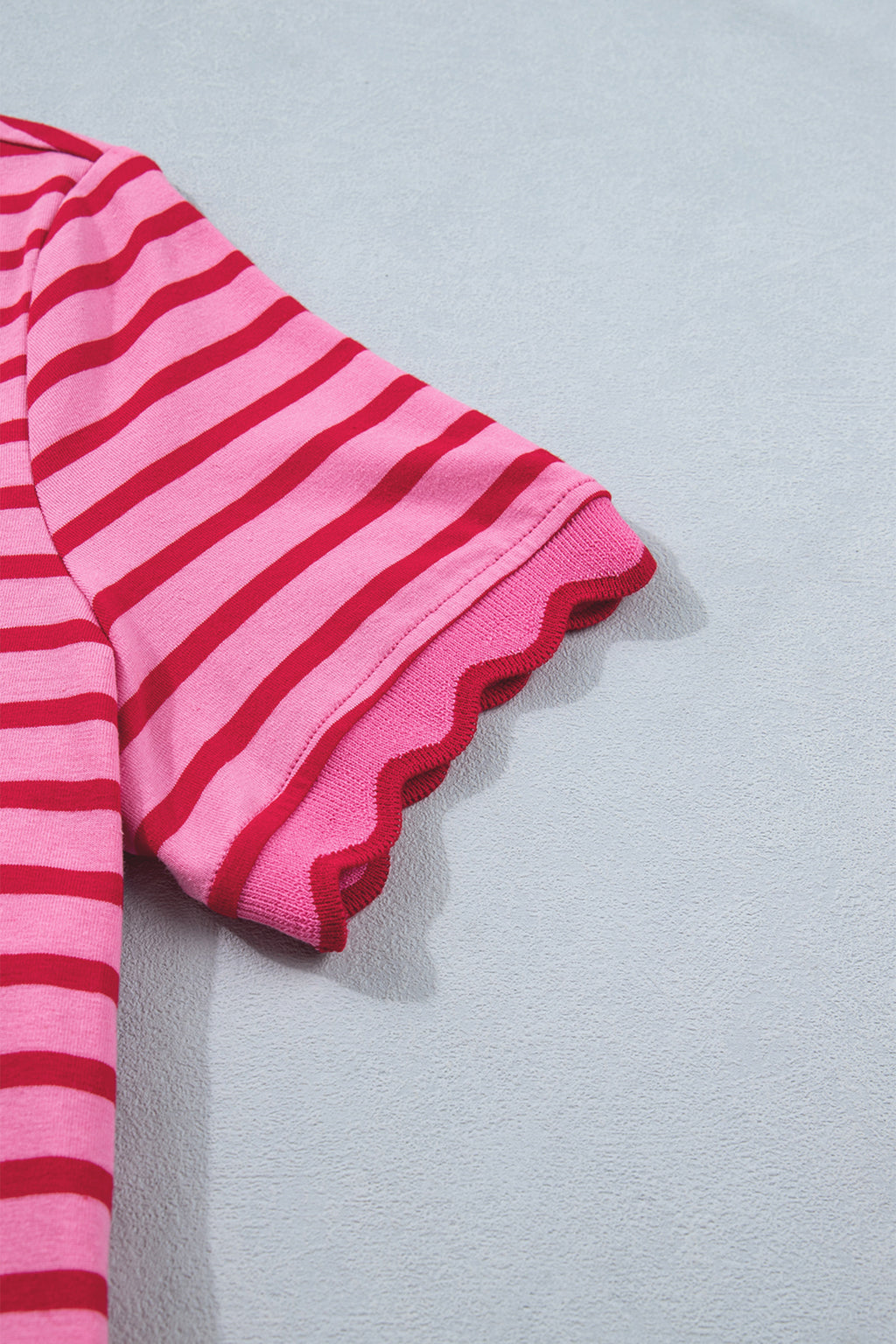 Rose Stripe Scalloped Trim Side Slit Short Sleeve T-Shirt Dress S-XL
