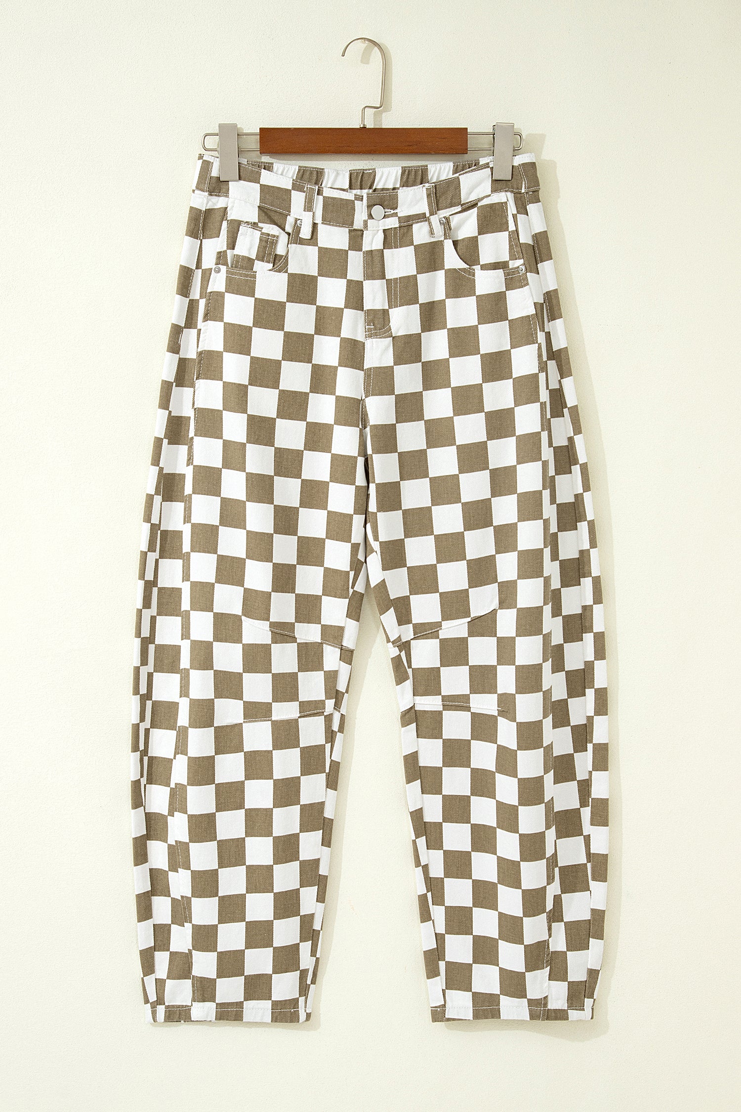 White Checkered Denim Barrel Pants | Relaxed Fit | UK 8–18