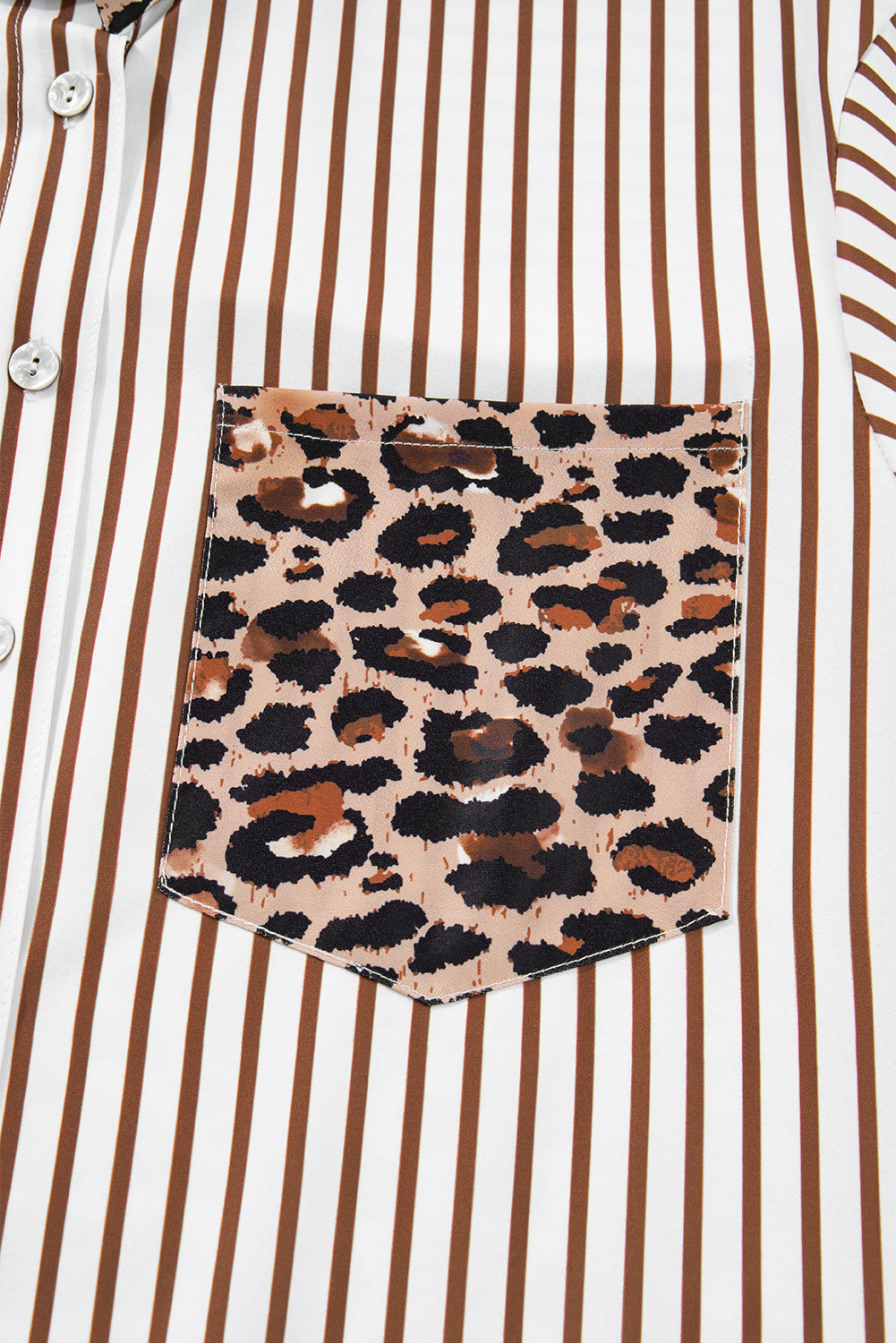 Women's Brown Stripe Contrast Leopard Patchwork Long Shirt Dress with Slits at LivelyLooks