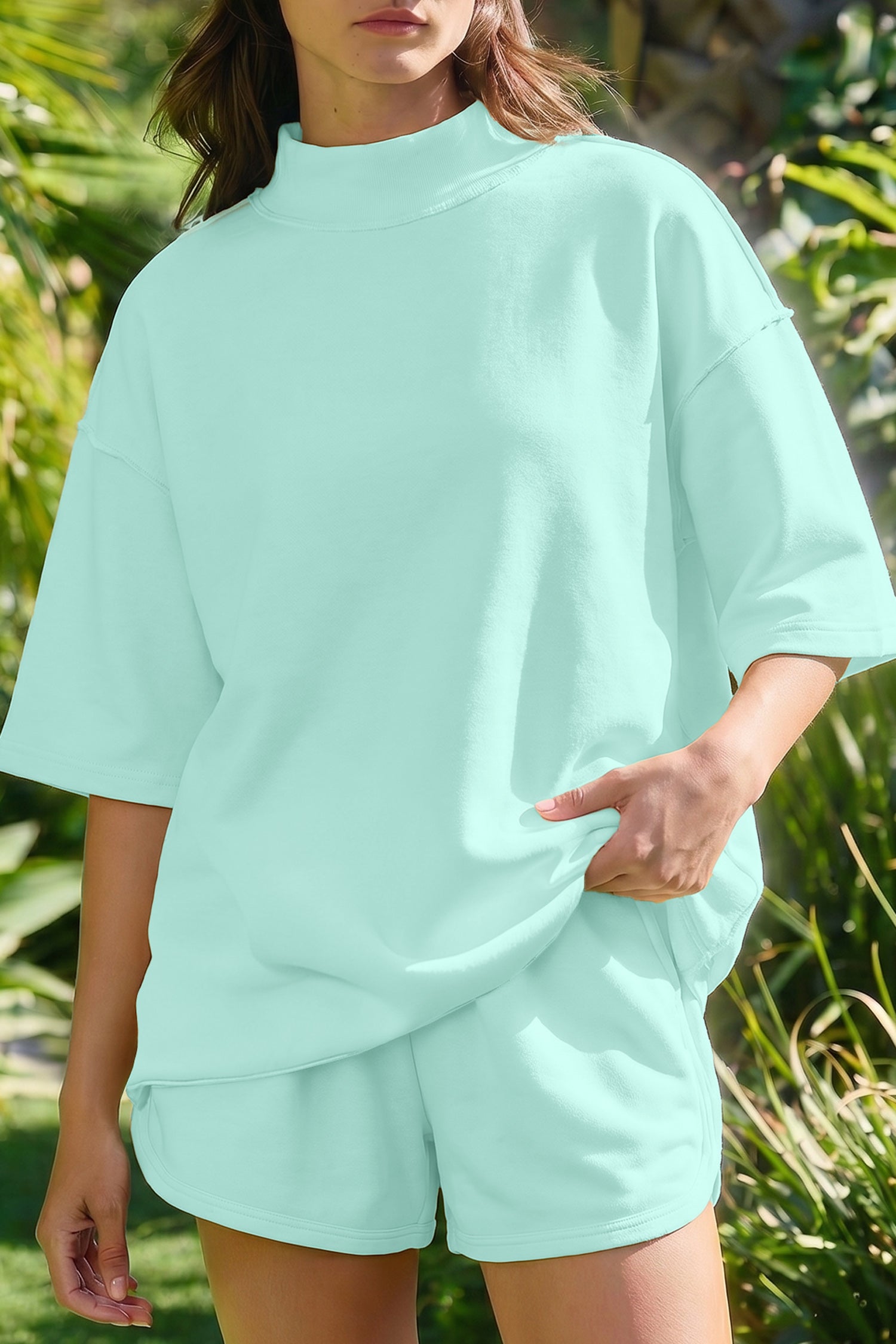 Exposed Seam Mock Neck Oversized Tee & Shorts Set – Mist Blue