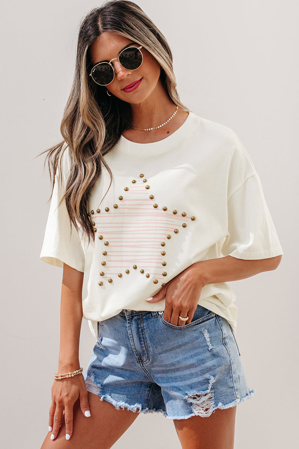 LivelyLooks Beige Star Print Stud Detail Cotton Jersey Top S-XL women's fashion