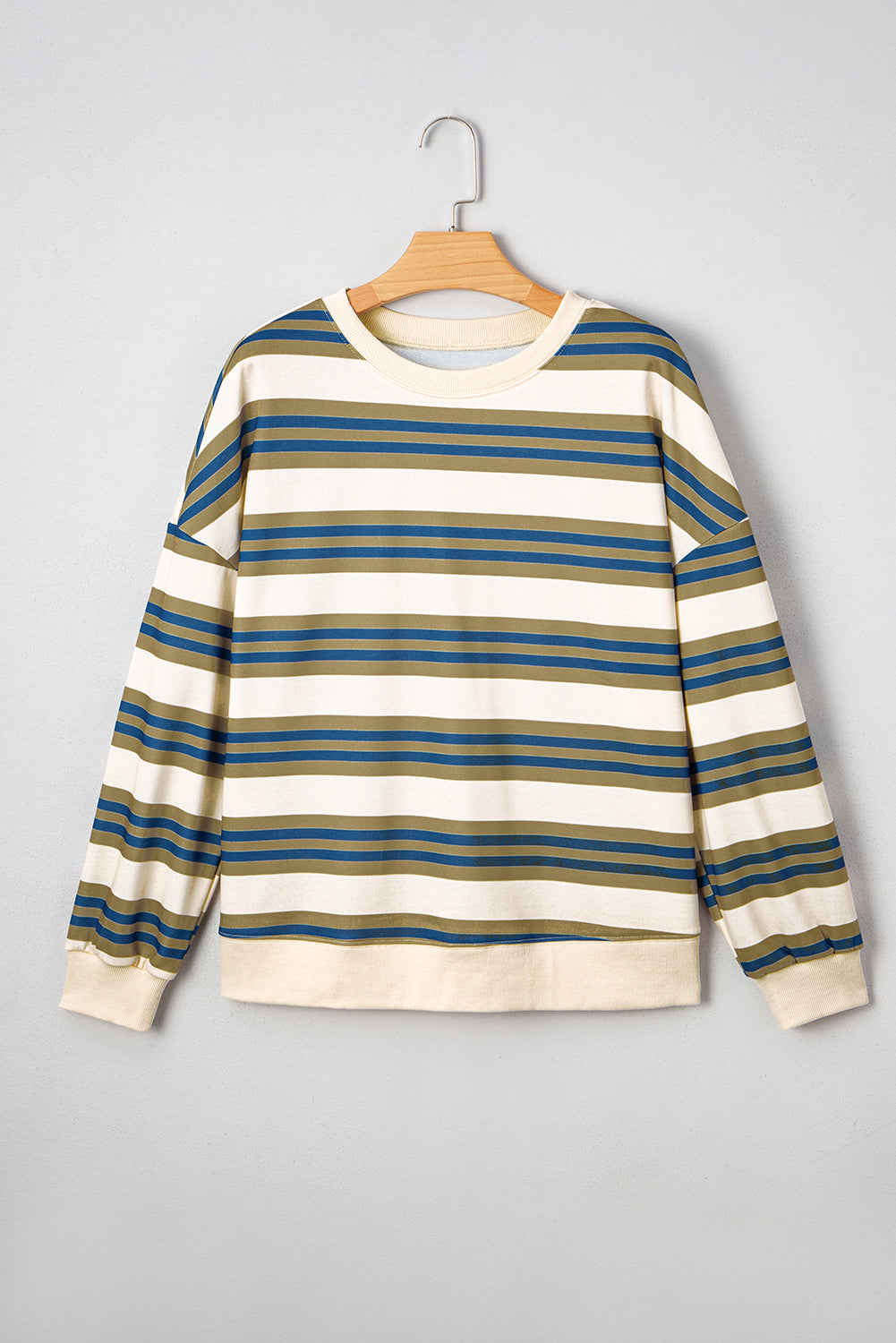 Khaki & Brown Stripe Crew Neck Drop Shoulder Pullover Sweatshirt