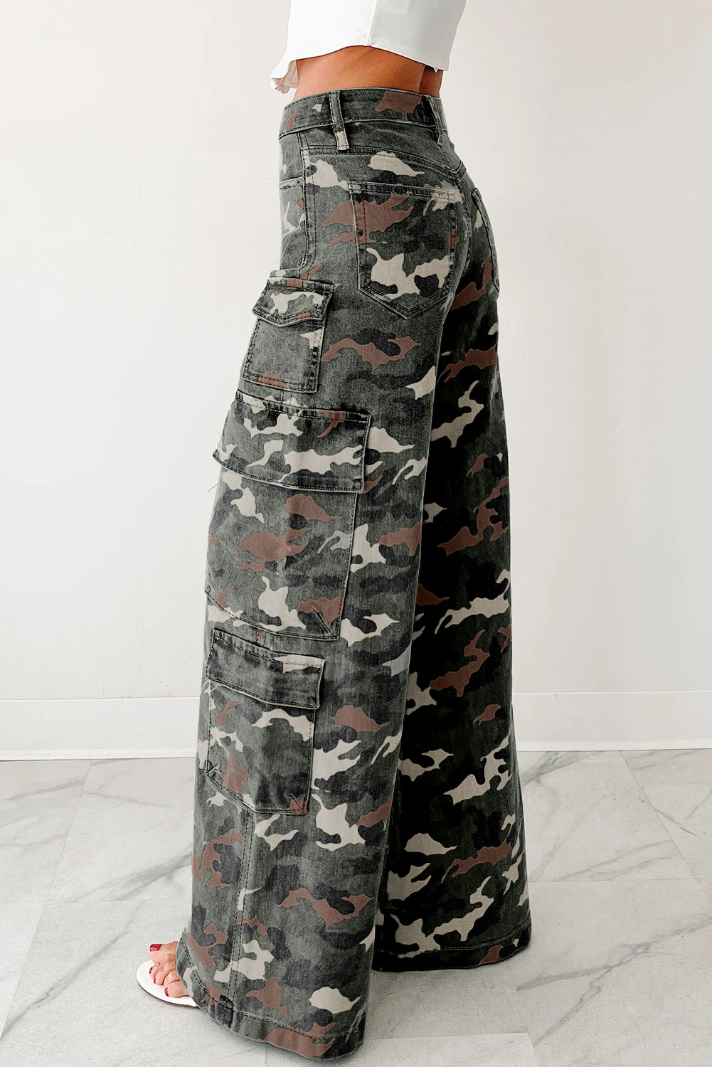 Green Camo Cargo Wide Leg Denim Pants