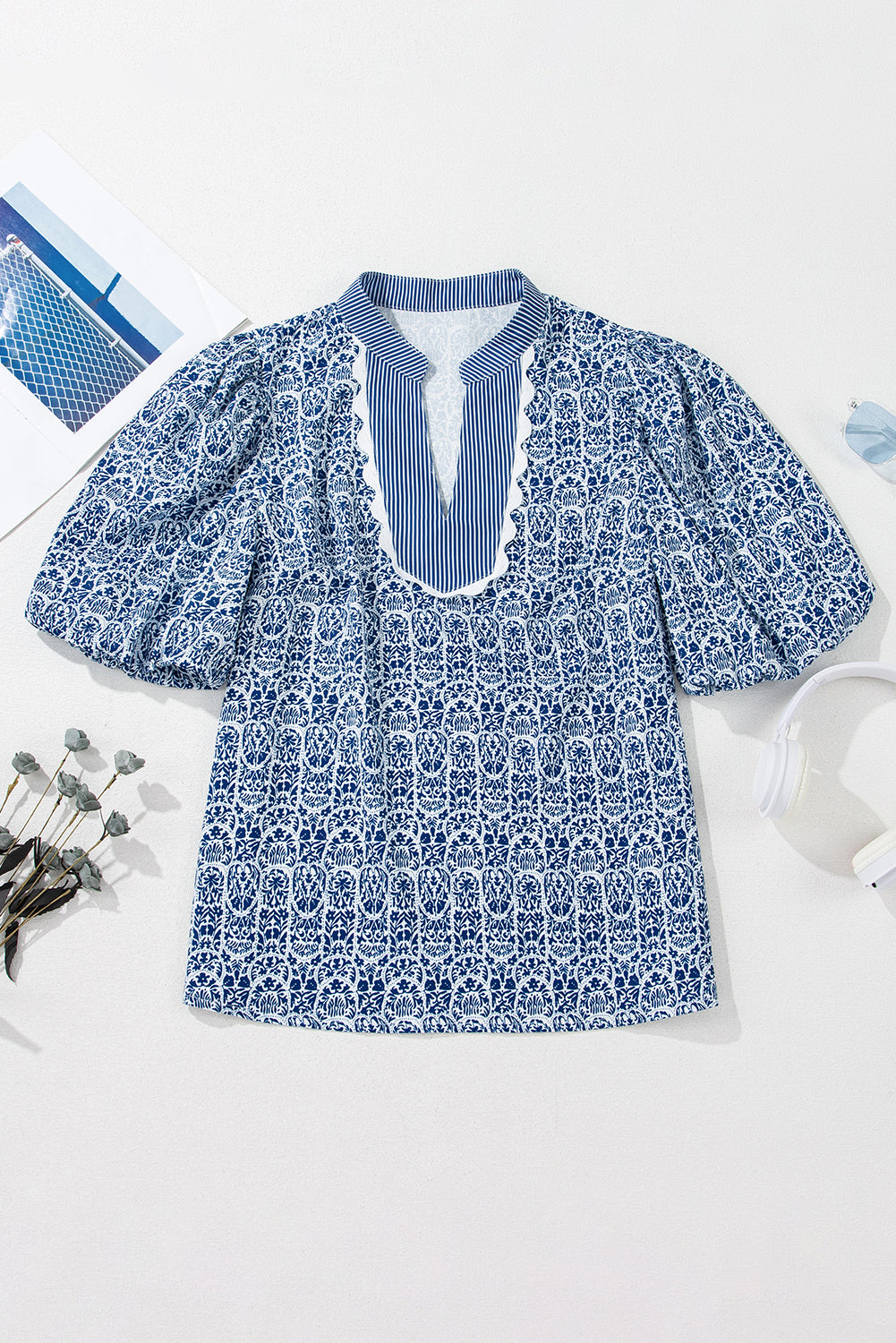 Blue Floral Striped Contrast Ric-Rac Trim Puff Sleeve Top
