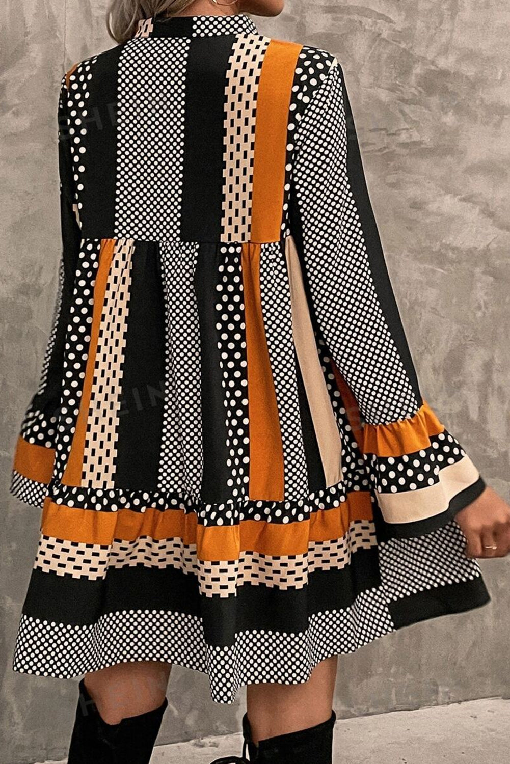 Black Striped Polka Dot Print Ruffle Hem V Neck Mini Dress S-XL