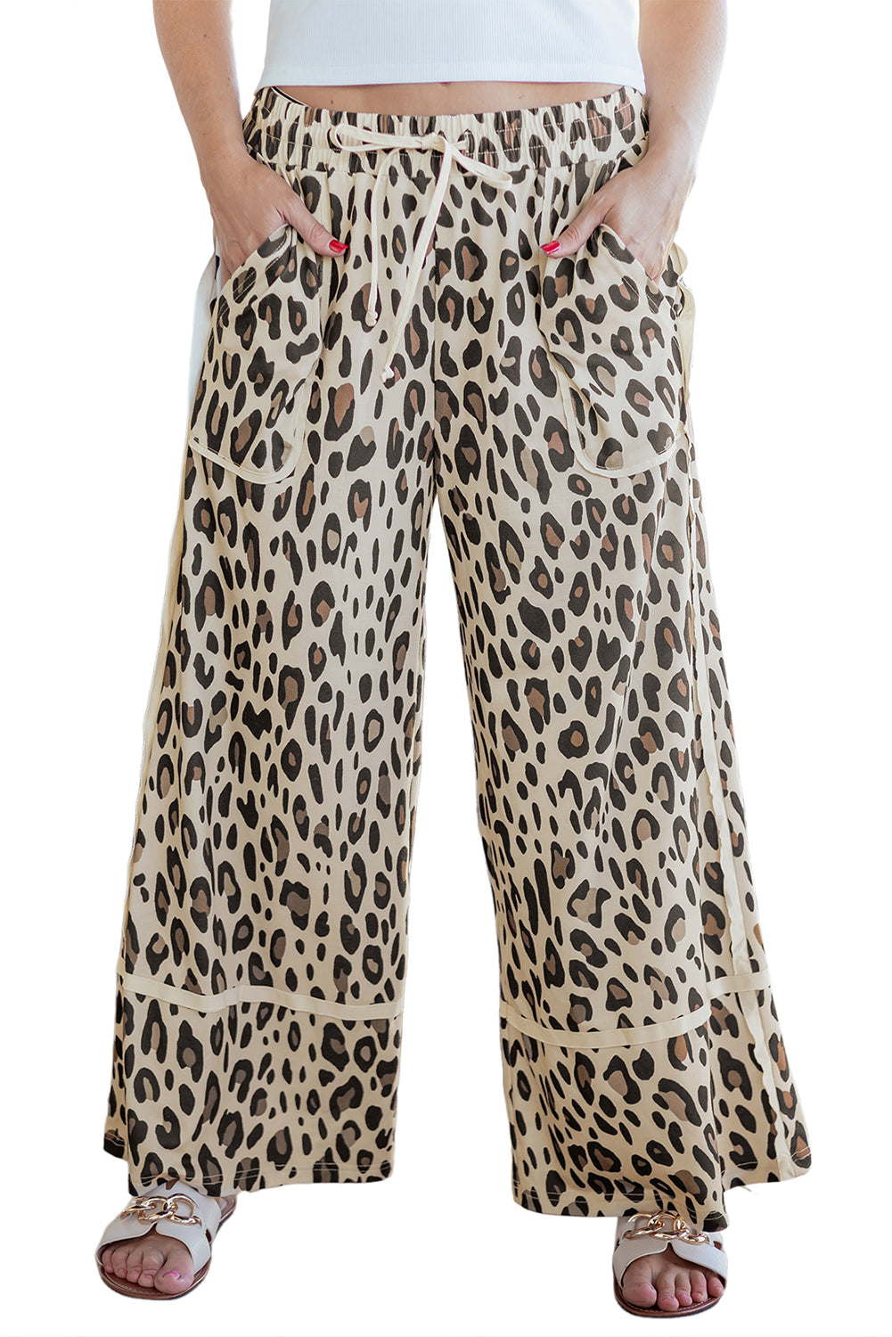 Women's Khaki Leopard Wide Leg Cropped Pants at LivelyLooks