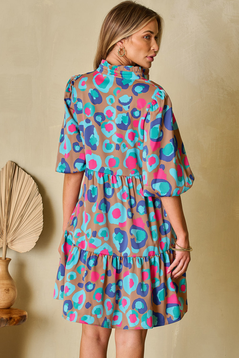 Women's Green Leopard Print Bubble Sleeve Slit Neck Ruffled Mini Dress at LivelyLooks