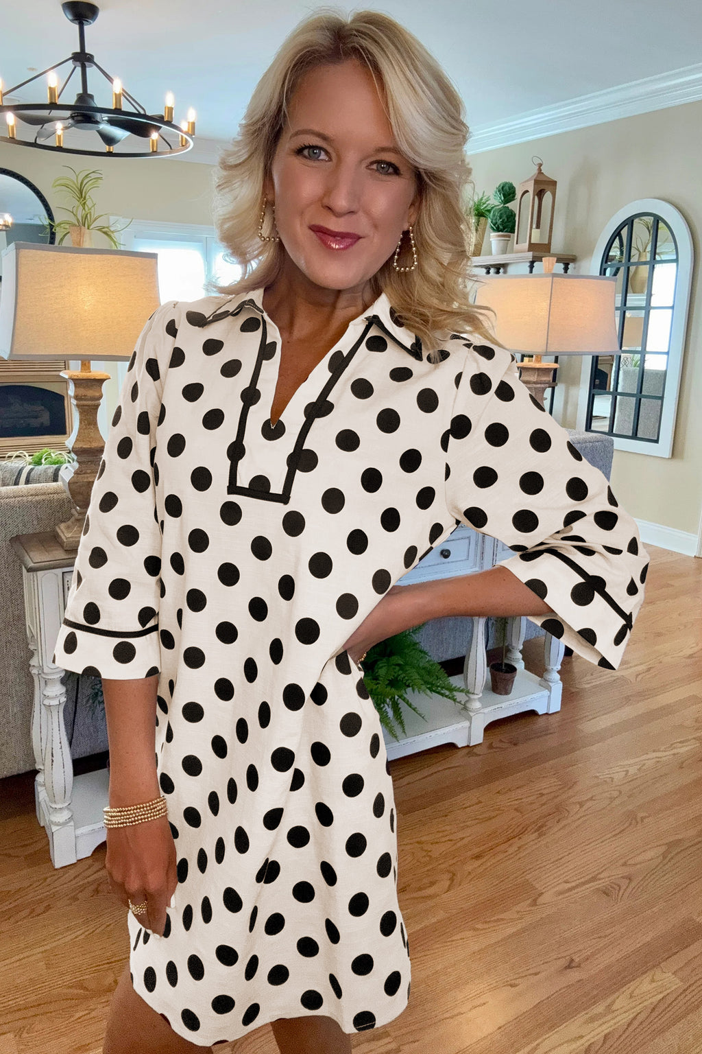 White Polka Dot Half Sleeve Collar V Neck Pocketed Casual Mini Dress | UK 10–18