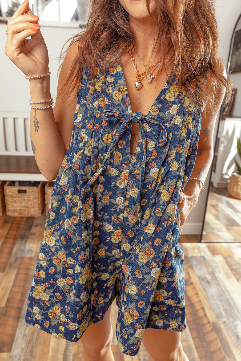 Women's Blue Retro Floral Print Bow Tie V-Neck Pleated Denim Romper at LivelyLooks