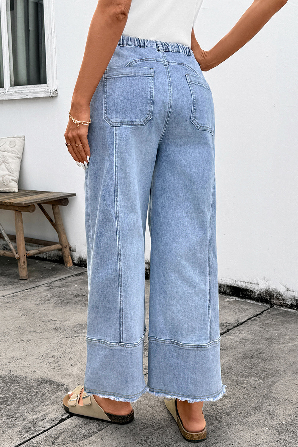 Shop Drawstring Seam Detail Raw Hem Wide Leg Denim Jeans UK 8-22 at LivelyLooks