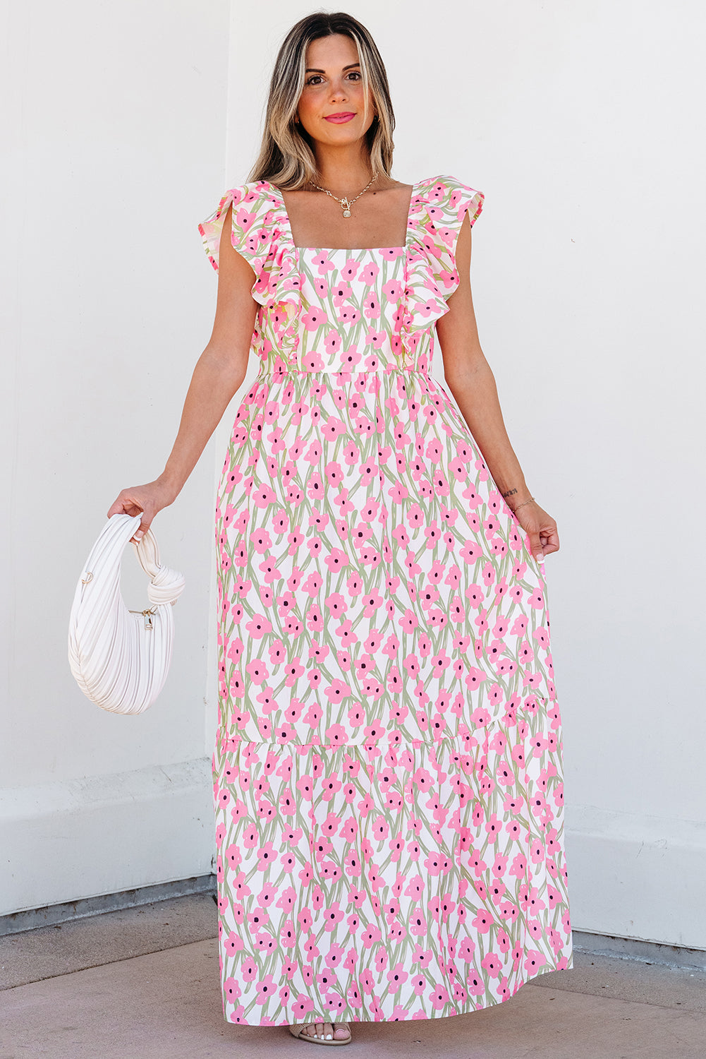 LivelyLooks Pink Floral Print Square Neck Ruffled Strap Maxi Dress Summer Boho Casual Sundress women's fashion